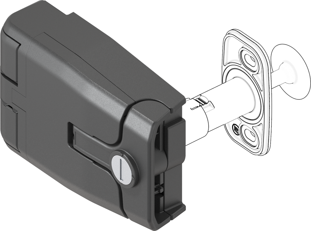 Latch-Hinge with pressure relief, round cylinder, keyed different, Polyamide GF black