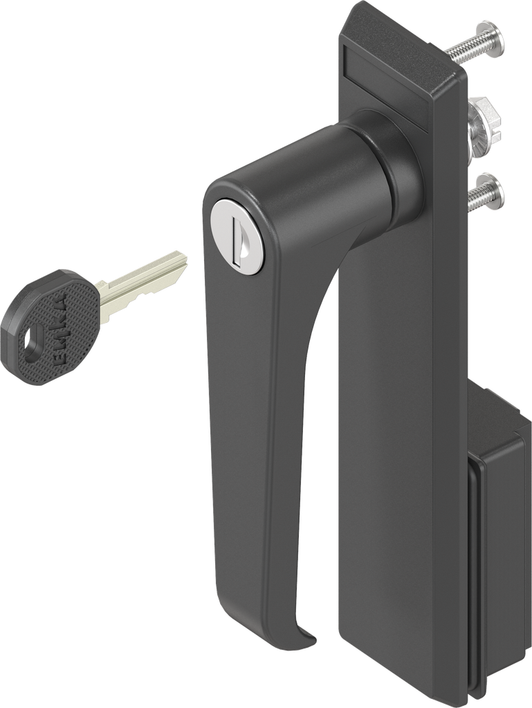 Escutcheon with L-handle, keyed different, Polyamide black and zinc die black powder-coated