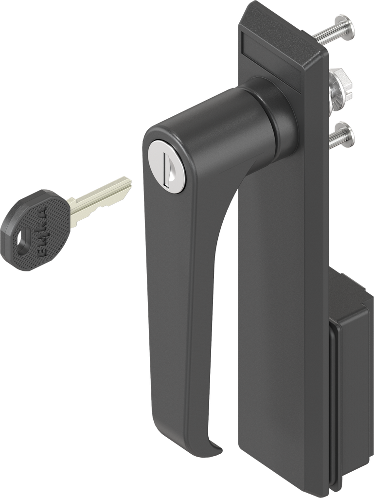 Escutcheon with L-handle, keyed different, Polyamide black and zinc die black powder-coated