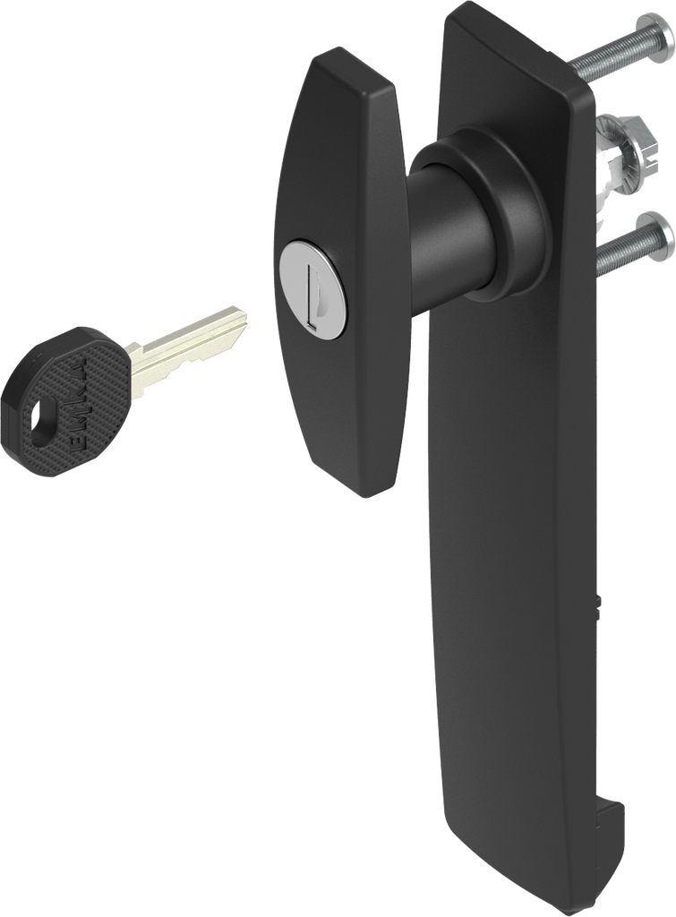 Escutcheon long with T-handle, keyed EK 333, Polyamide black and zinc die black powder-coated