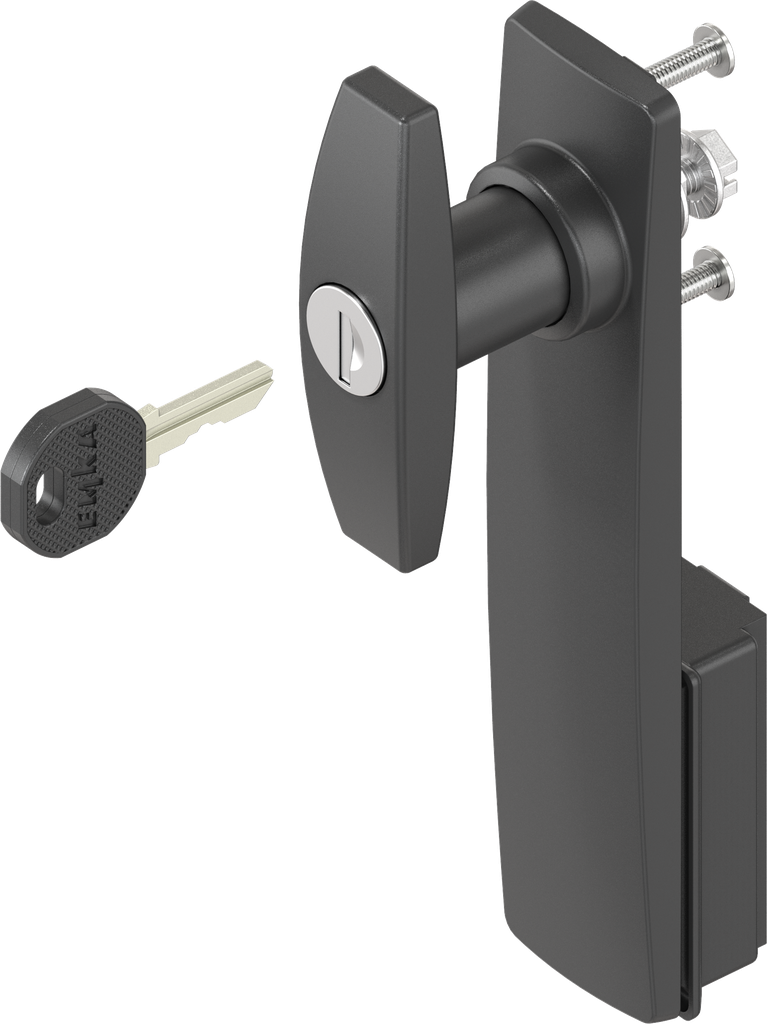 Escutcheon long with T-handle, keyed different, Polyamide black and zinc die black powder-coated