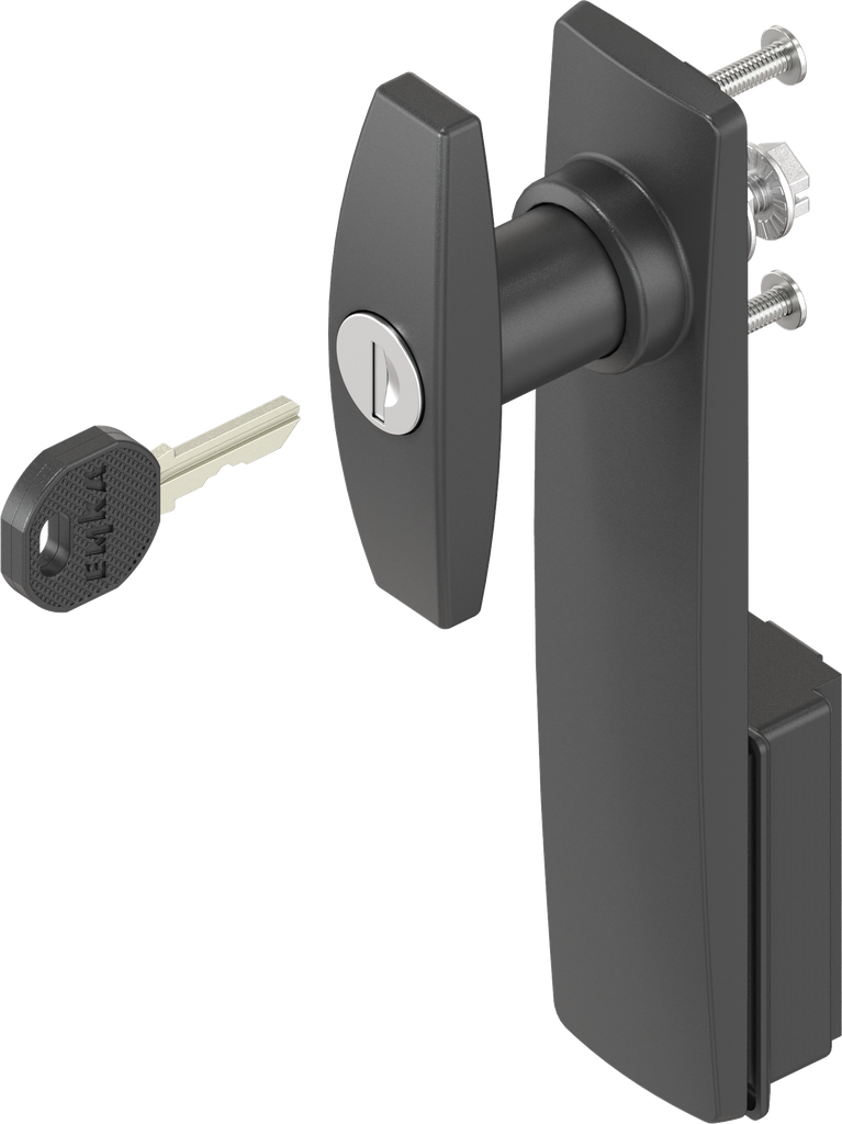 Escutcheon long with T-handle, keyed different, Polyamide black and zinc die black powder-coated