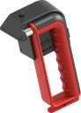 Emergency hammer with hand protection, belt cutter and holder with theft protection, Steel and poylamide red