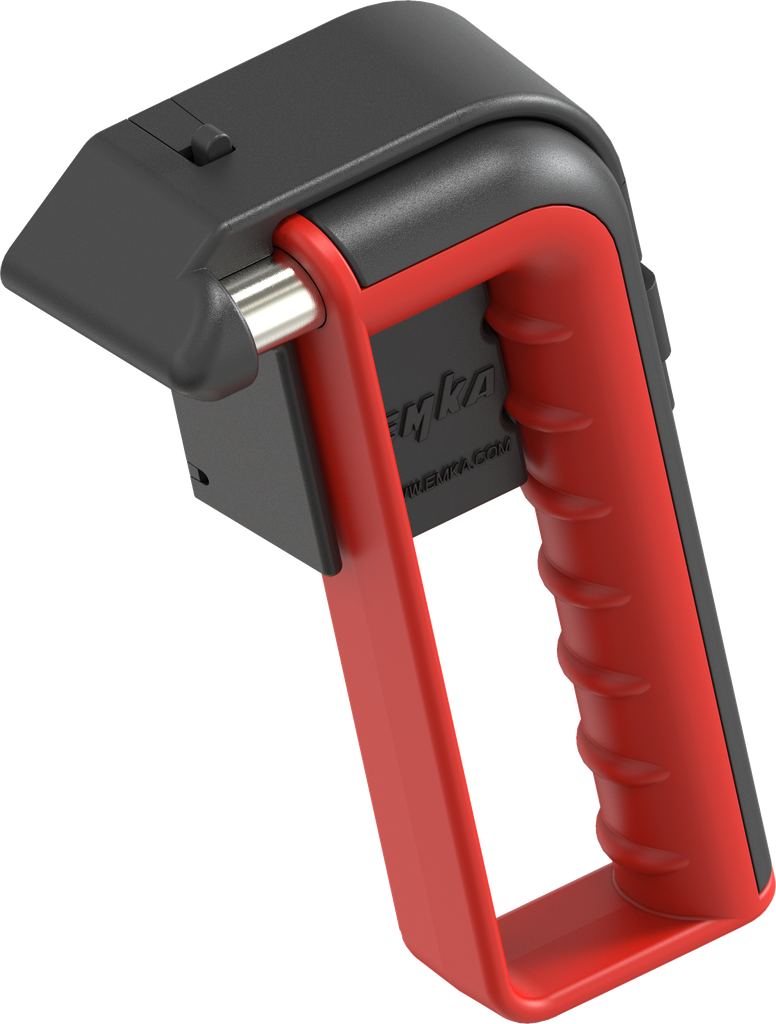 Emergency hammer with hand protection and holder with theft protection, Steel and poylamide red