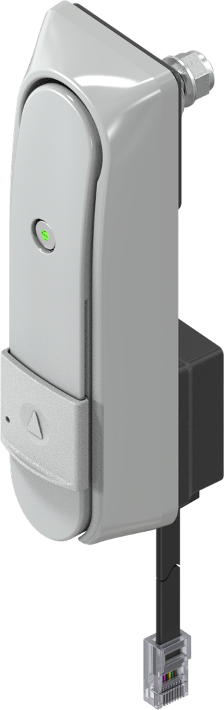 Maneta giratoria "corta" con RC2, con apertura electromecánica y para cilindro perfilado 40 mm o 45 mm (A = 30 mm o 45 mm), zamak recubierto de polvo gris RAL 7038