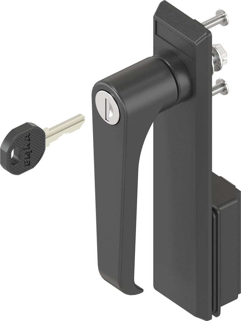 Escutcheon with L-handle, keyed different, Polyamide black and zinc die black powder-coated