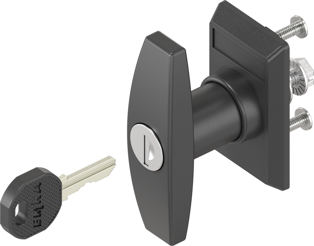 Escutcheon with T-handle, keyed EK 333, Polyamide black and zinc die black powder-coated