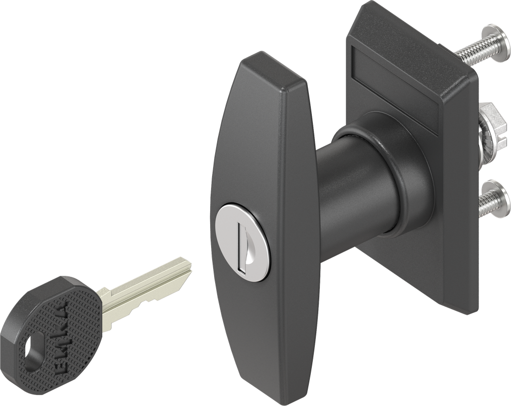 Escutcheon with T-handle, keyed different, Polyamide black and zinc die black powder-coated