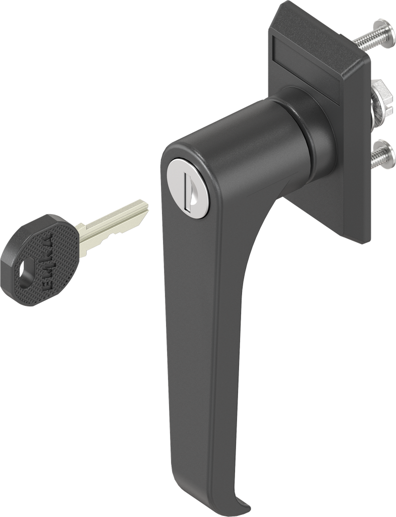 Escutcheon with L-handle, keyed EK 333, Polyamide black and zinc die black powder-coated