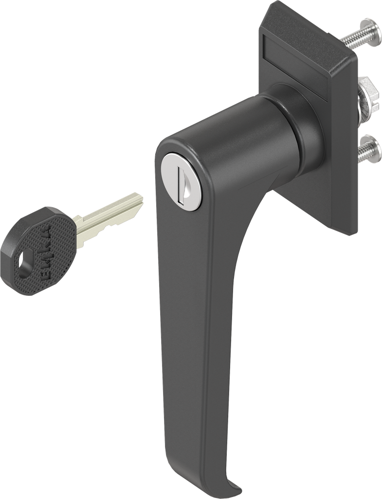 Escutcheon with L-handle, keyed EK 333, Polyamide black and zinc die black powder-coated