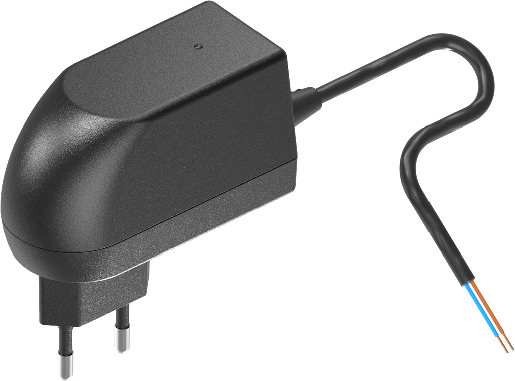 Power supply plug 12V with open cable ends, Plastic black